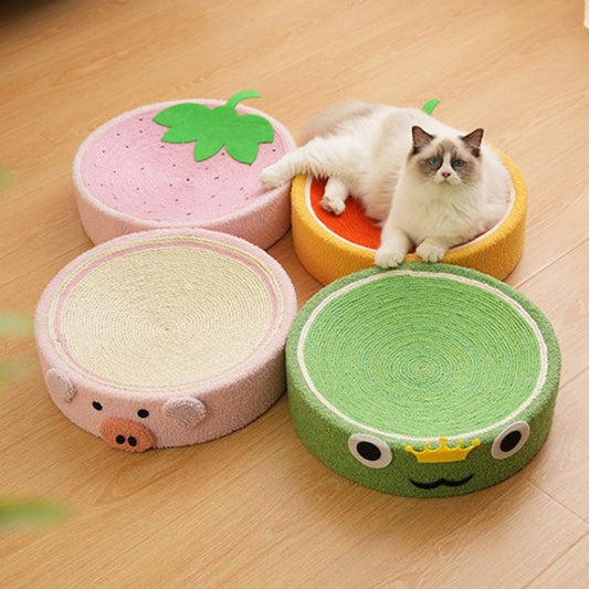 Round cat bed with built-in scratcher
