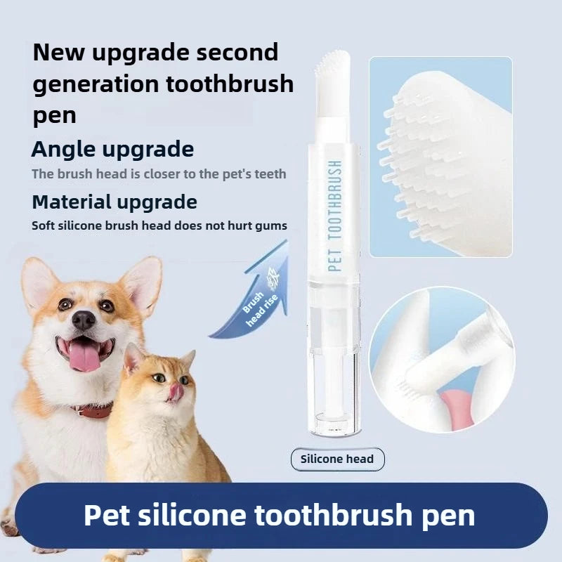 Pet silicone toothbrush pen with dog and cat on a light blue background