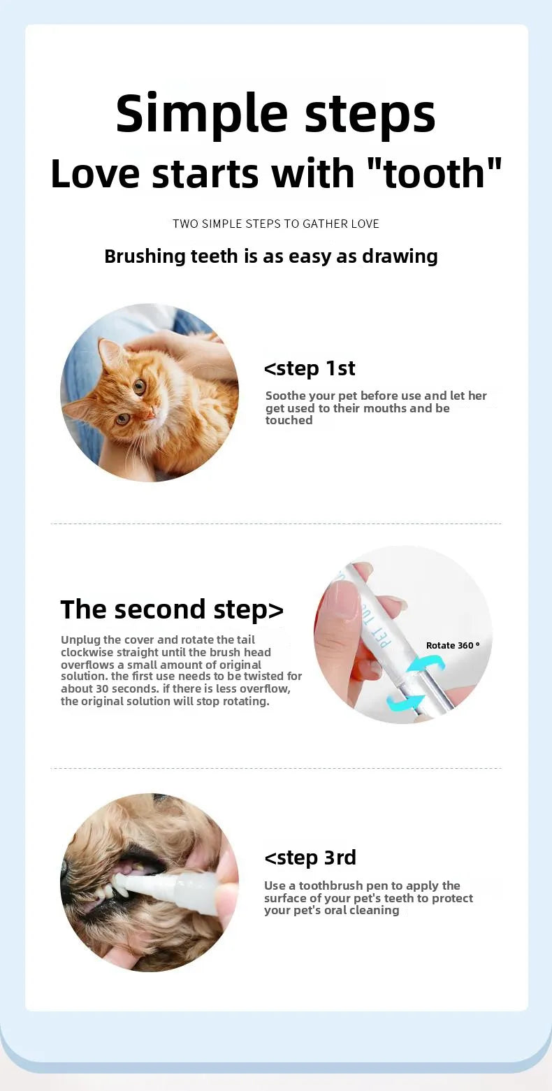 Instructions for pet dental care with images of a cat, dog, and toothbrush on a light blue background.
