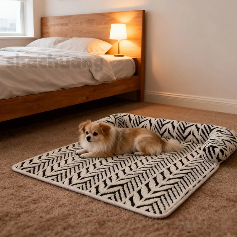 Small dog lying on a patterned mat in a bedroom with a bed and lamp in the background.
