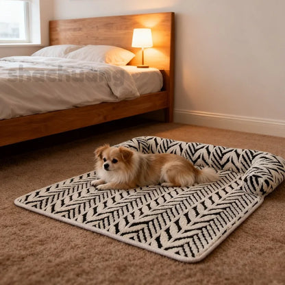 Small dog lying on a patterned mat in a bedroom with a bed and lamp in the background.