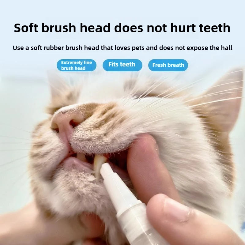 Cat being groomed with a soft brush head to clean its teeth, with text highlighting benefits of the brush.