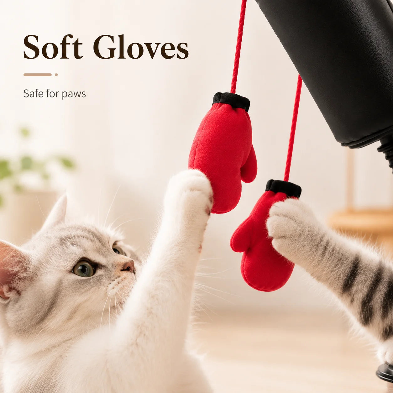 Red gloves on a string with a cat interacting with them, labeled 'Soft Gloves Safe for paws'.