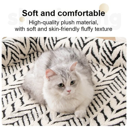 Cat sitting on a soft, plush blanket with text about comfort and material quality.
