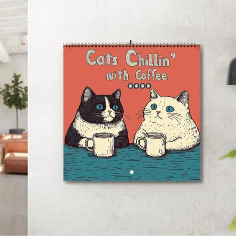 Spiral-bound 2025 cat calendar with coffee cat illustrations