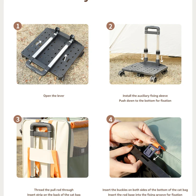Step-by-step instructions for using a luggage attachment with images and text.