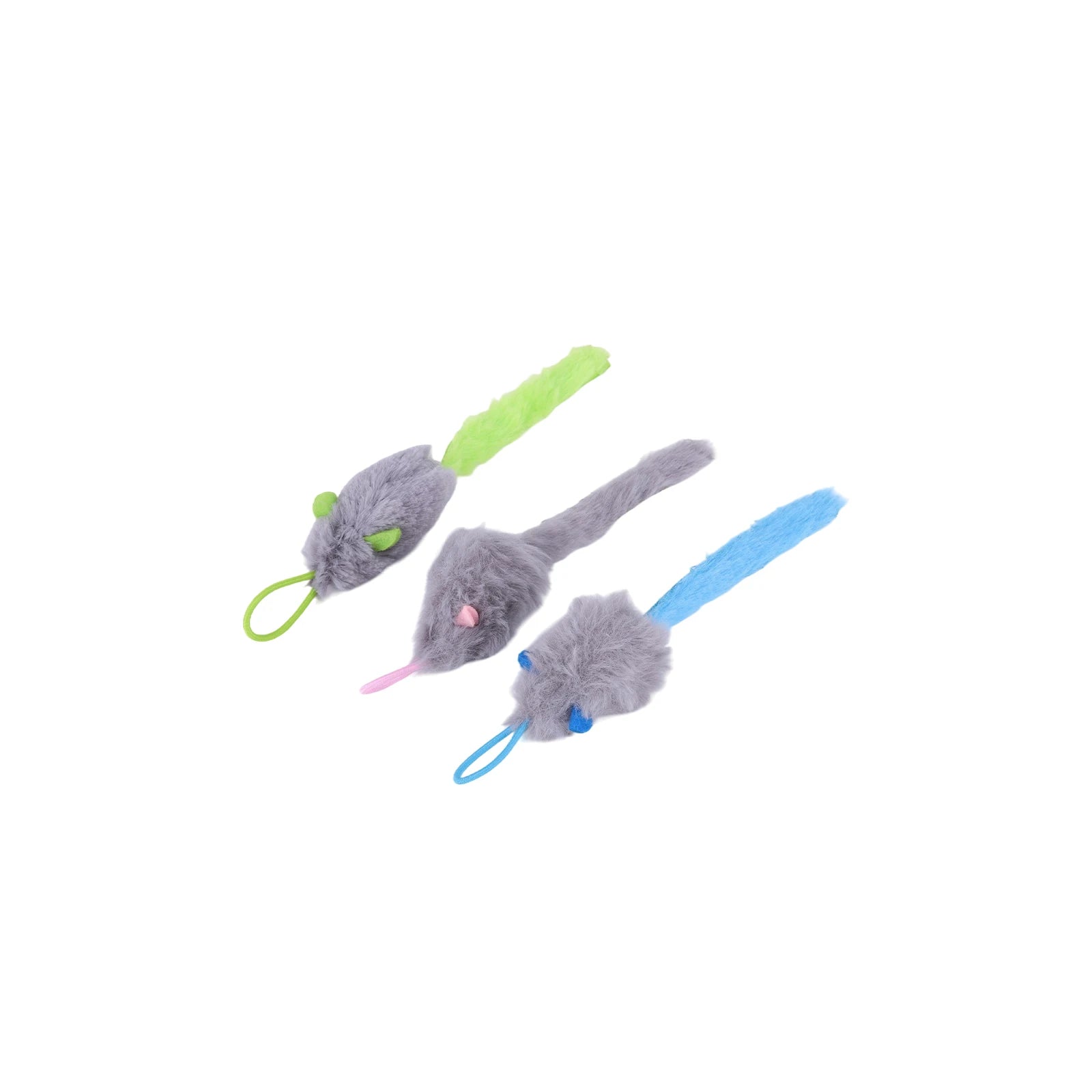 Three gray mouse-shaped cat toys with colorful handles on a white background