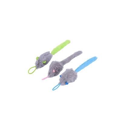 Three gray mouse-shaped cat toys with colorful handles on a white background