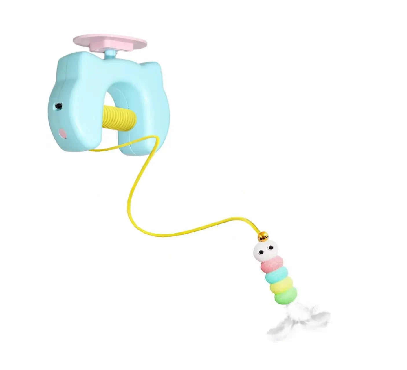 Toy with a blue whale-like body and colorful bead chain on a white background
