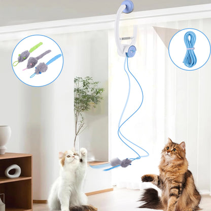 Two cats playing with a cat toy attached to a wall-mounted device in a room.