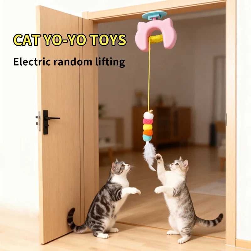Two cats playing with a cat yo-yo toy in a room.