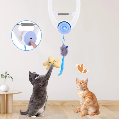 Two cats playing with a hanging pet toy featuring stars and a heart.