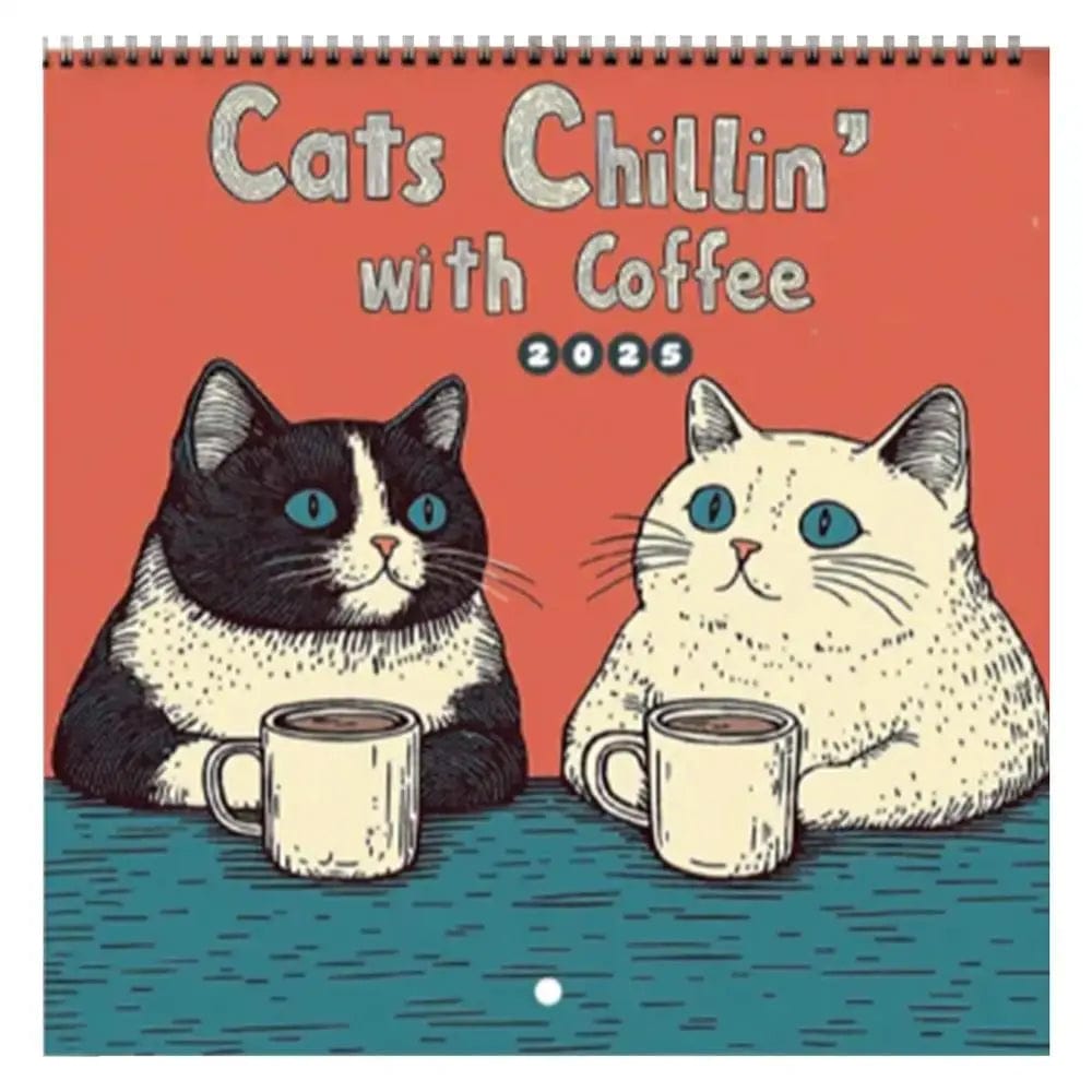 Unique cat calendar 2025 featuring cats relaxing with coffee