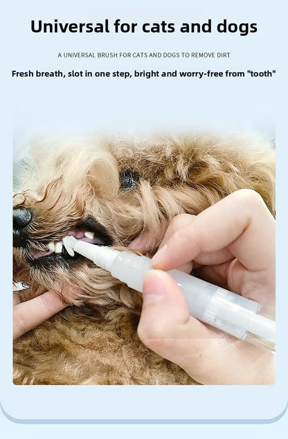 Dog being groomed with a dental cleaning tool, text about universal brush for cats and dogs.
