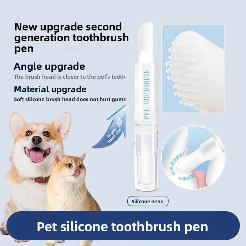 Pet silicone toothbrush pen with dog and cat on a light blue background
