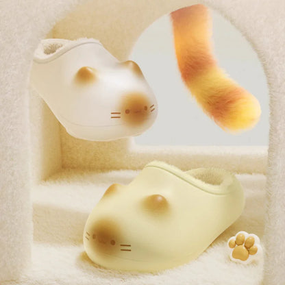 Pair of cartoon dog-shaped slippers on a soft beige background