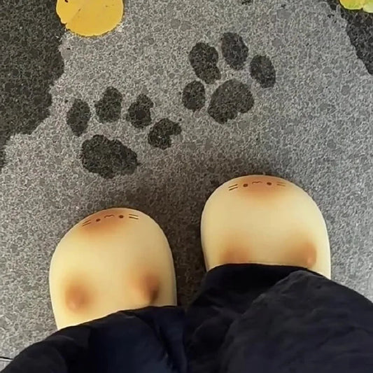 Paw prints on a textured surface with yellow leaves, person wearing yellow shoes and black pants.