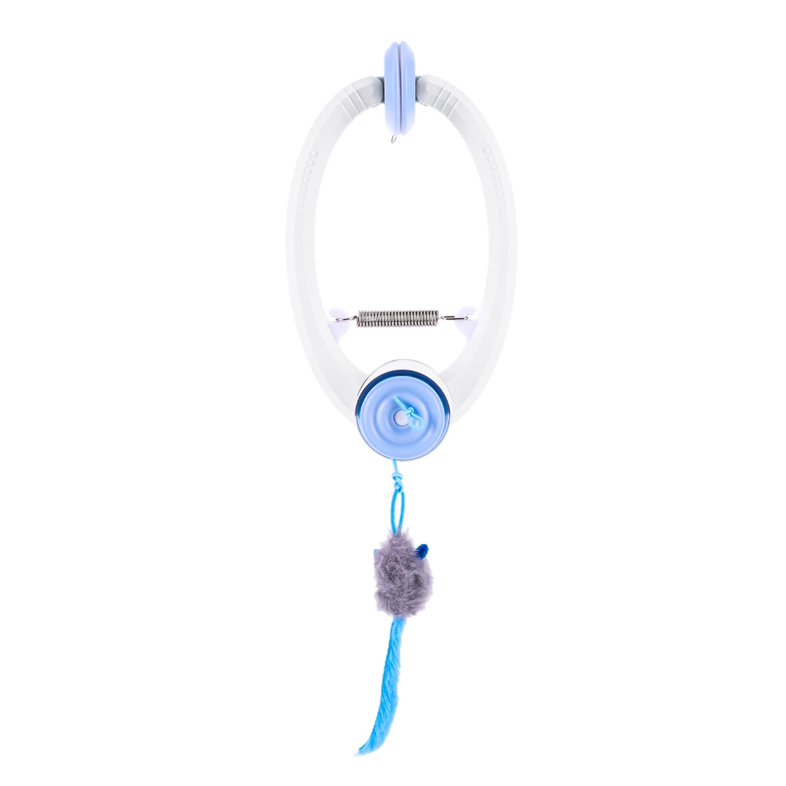 White and blue pet toy with a fluffy ball on a white background