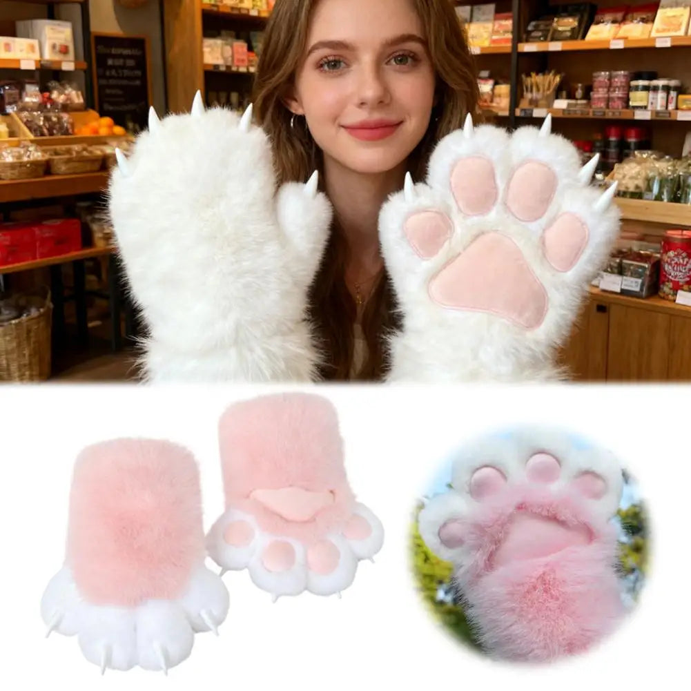 White faux-fur clawed gloves with pink paw pads, shown worn by a woman in a shop and as a product collage on a white background.