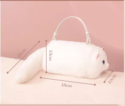 White plush toy bag with measurements on a pink background