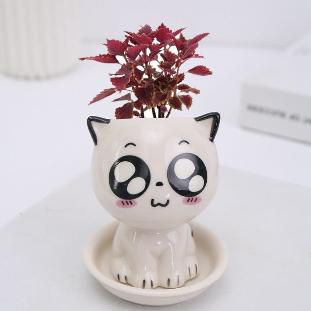 Wide-Eye Cat Ceramic Planter with Red Plant