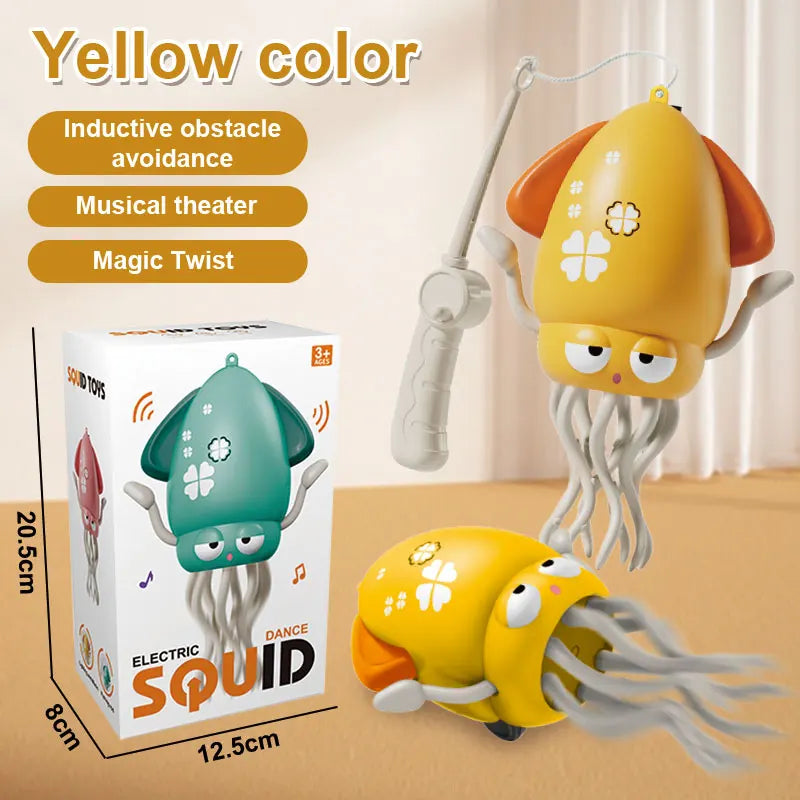 Yellow electric squid toy with packaging and features listed on a beige background for cats 
