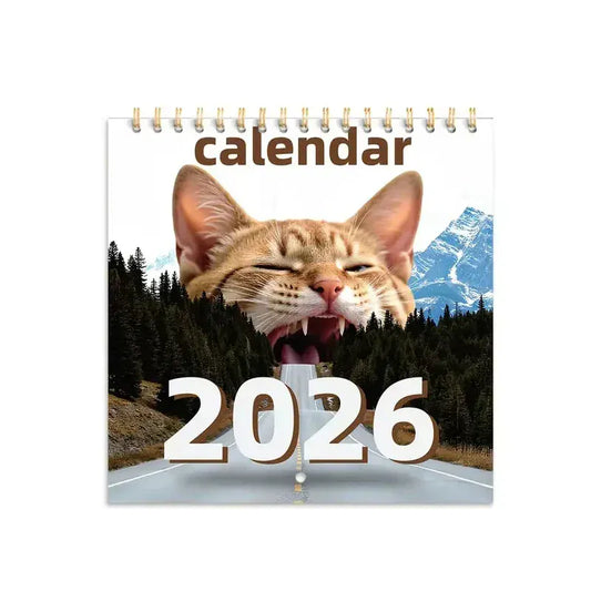Calendar with a cat's face and '2026' on a scenic background