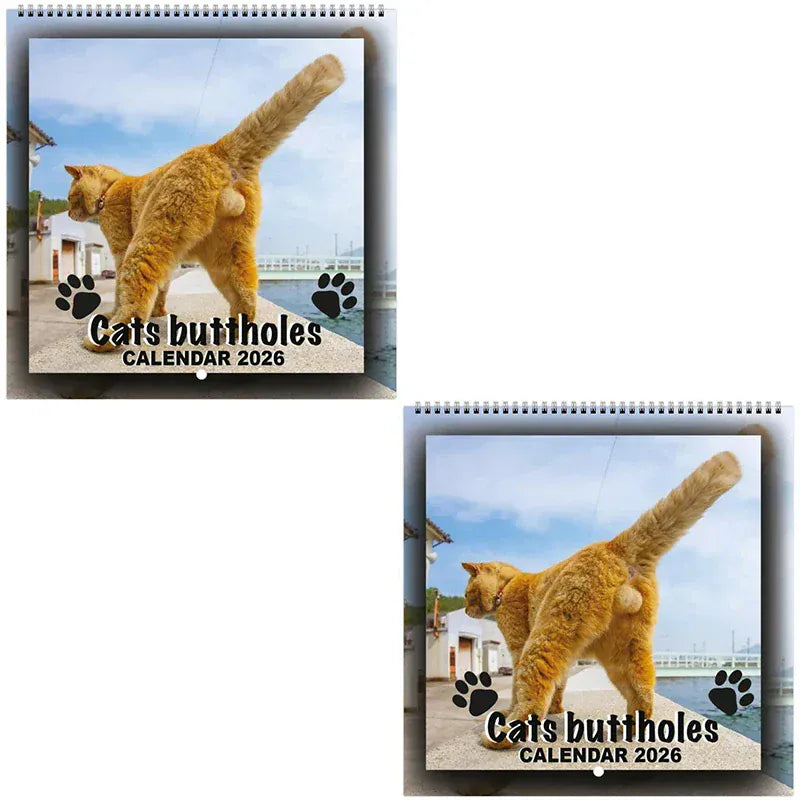 Calendar titled 'Cats buttholes Calendar 2026' with a cat image on a white background