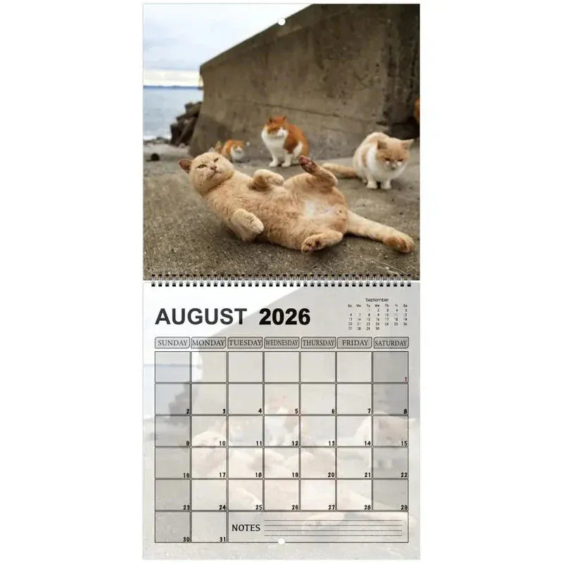 Calendar page for August 2026 showing cats by a body of water.