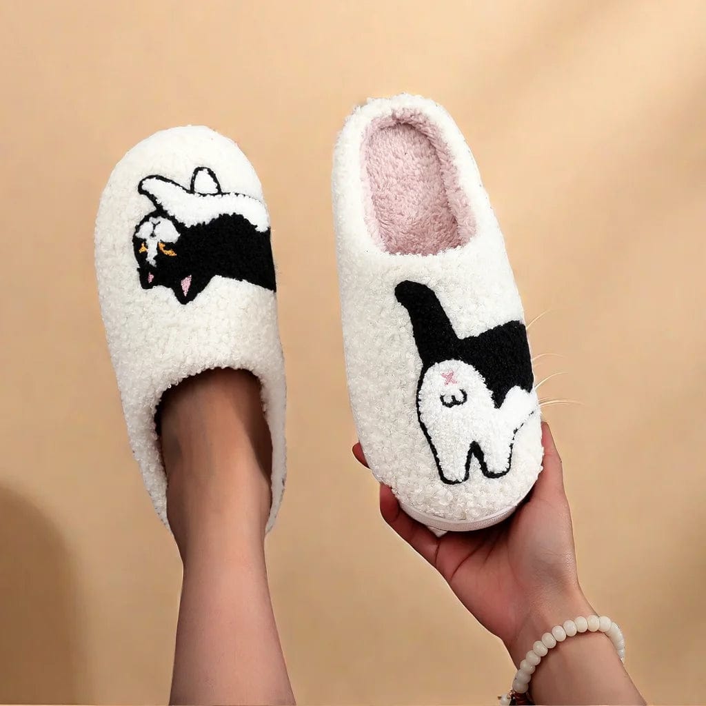 black and white cat slippers for men and women