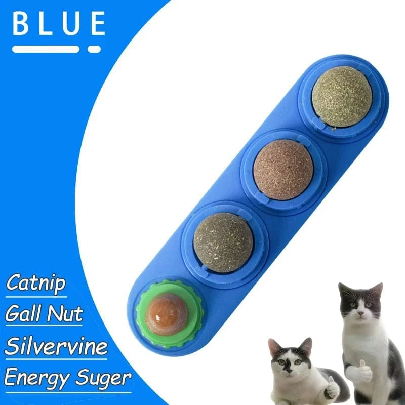 Blue cat toy with catnip, gall nut, silvervine, and energy suger ingredients on a white background