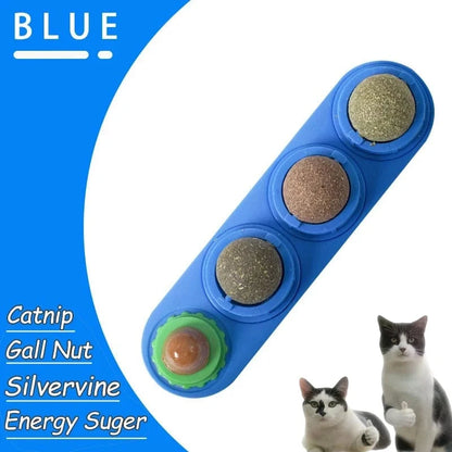 Blue cat toy with catnip, gall nut, silvervine, and energy suger ingredients on a white background