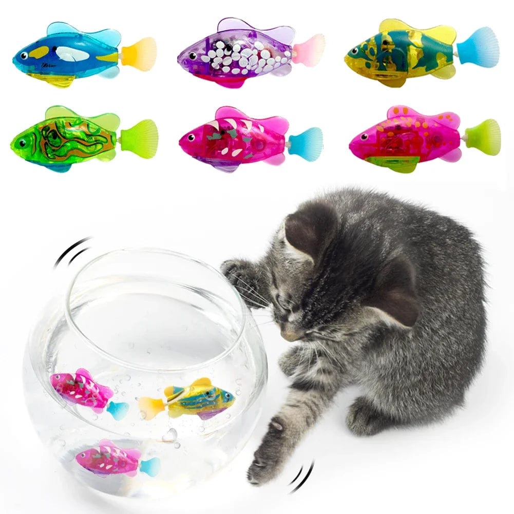 A cat playing with the cat toy which is an electric toy in multiple colors