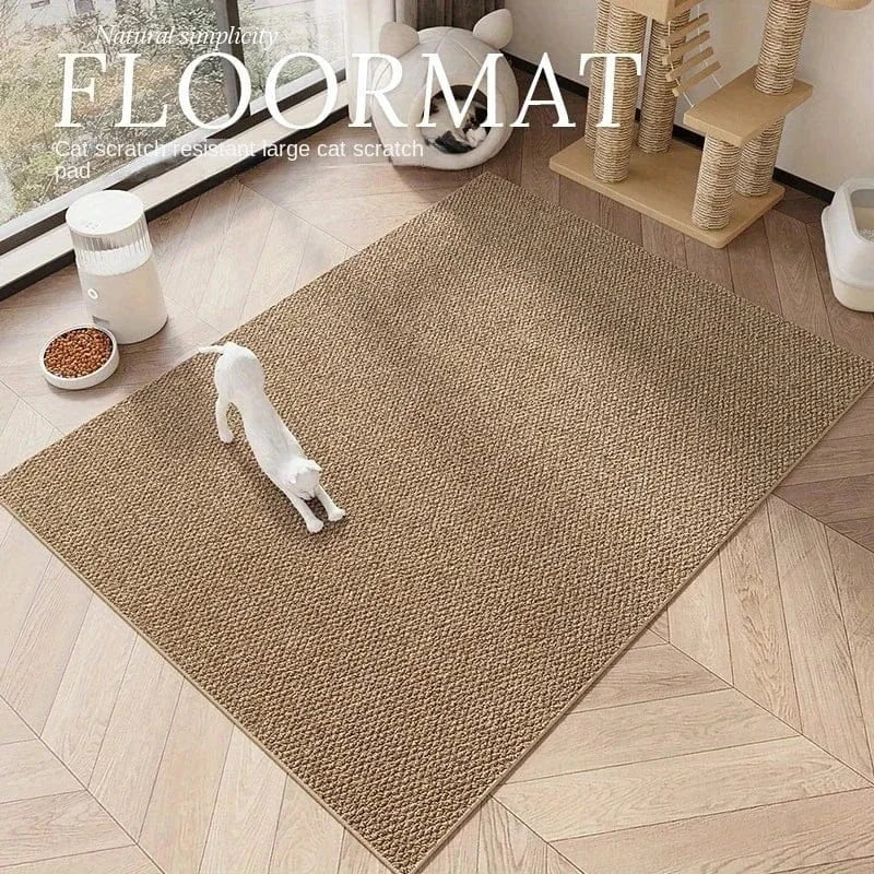 Cat scratch pad on a wooden floor with a cat standing on it, surrounded by pet accessories.