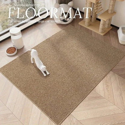 Cat scratch pad on a wooden floor with a cat standing on it, surrounded by pet accessories.