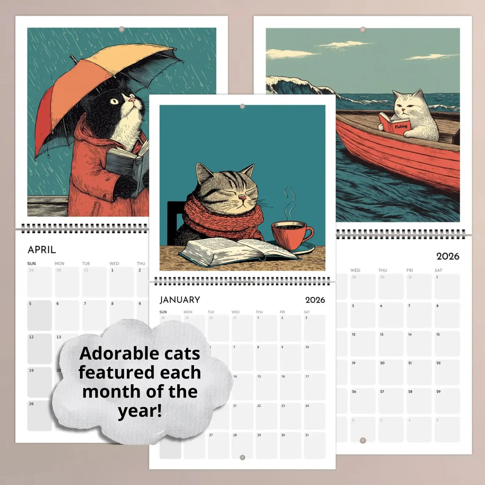 Calendar with illustrations of cats in various scenarios on a beige background