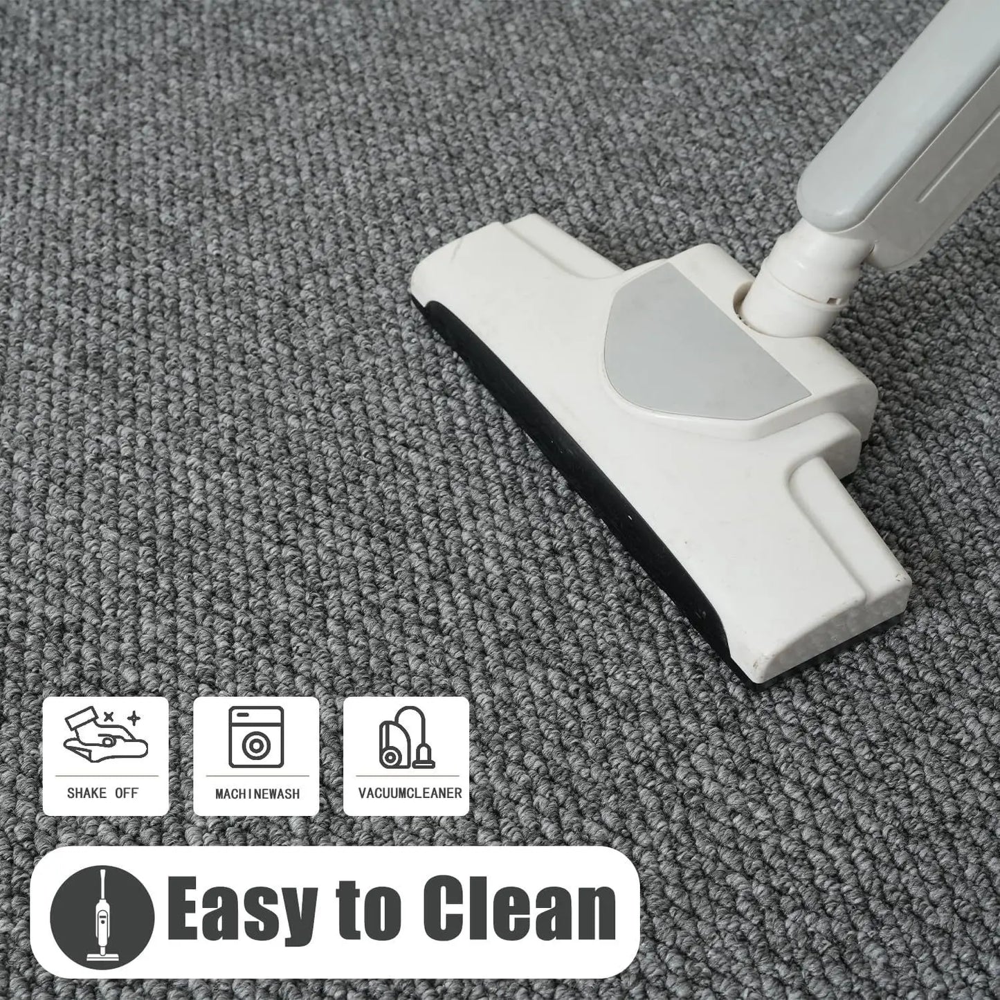 White vacuum cleaner head cleaning a gray carpet with icons and text indicating cleaning methods.