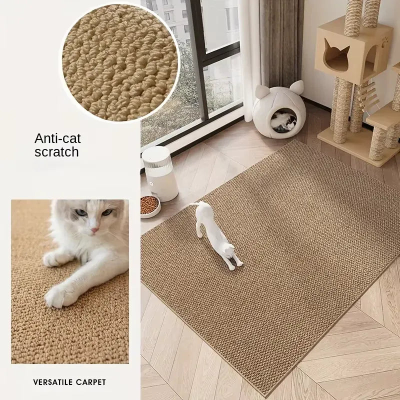Beige carpet with cat scratch feature, cat playing on it, and close-up of texture.