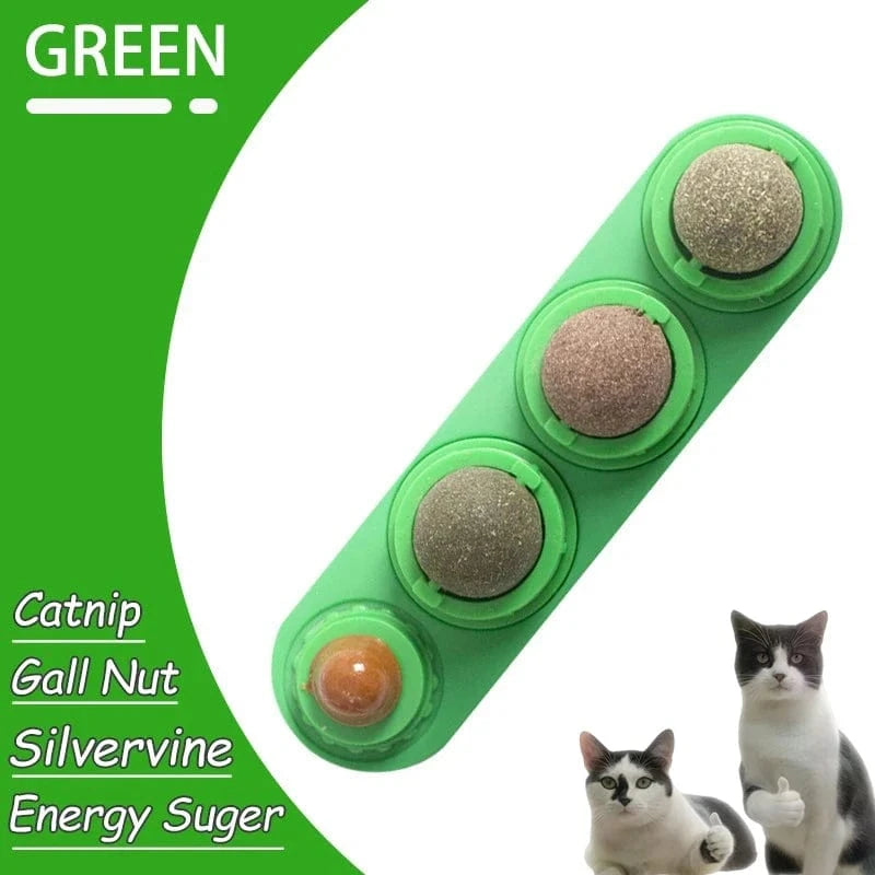 Green cat toy with catnip and gall nut on a white background