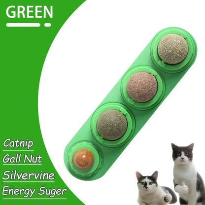 Green cat toy with catnip and gall nut on a white background