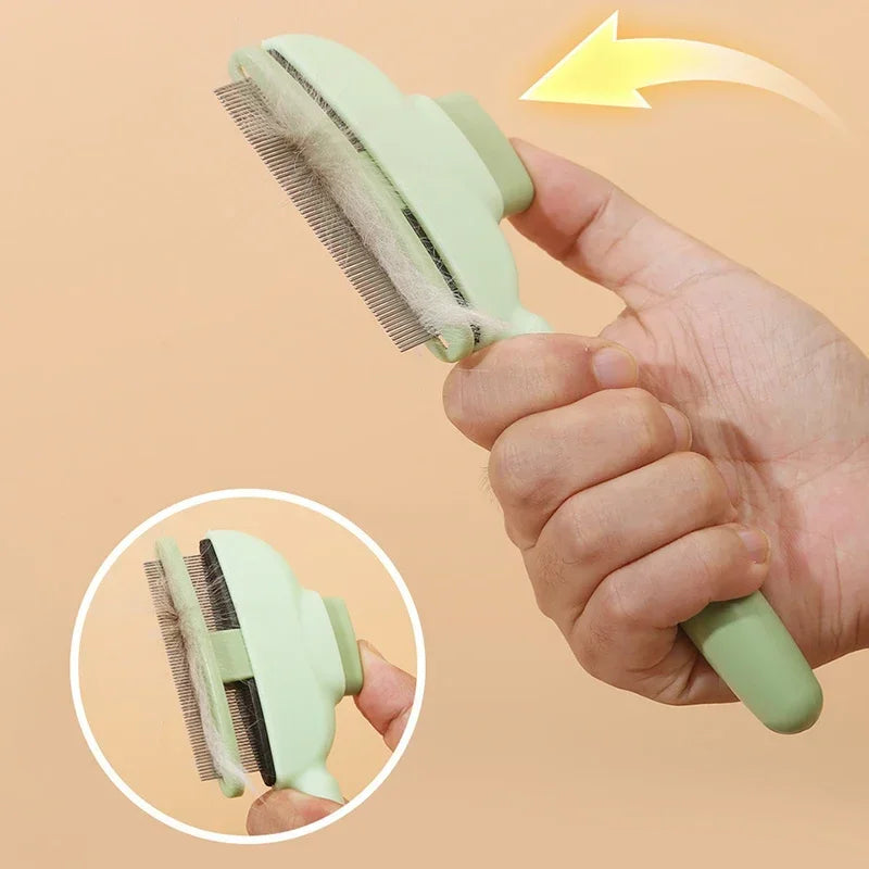 Hand holding a green pet grooming brush with close-up inset on a beige background
