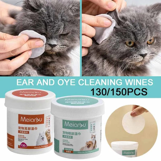 A collage of images showing a grey cat being cleaned with a wipe, with packages of 'Meiayu' brand ear and eye cleaning wipes advertised as 130/150 pcs.