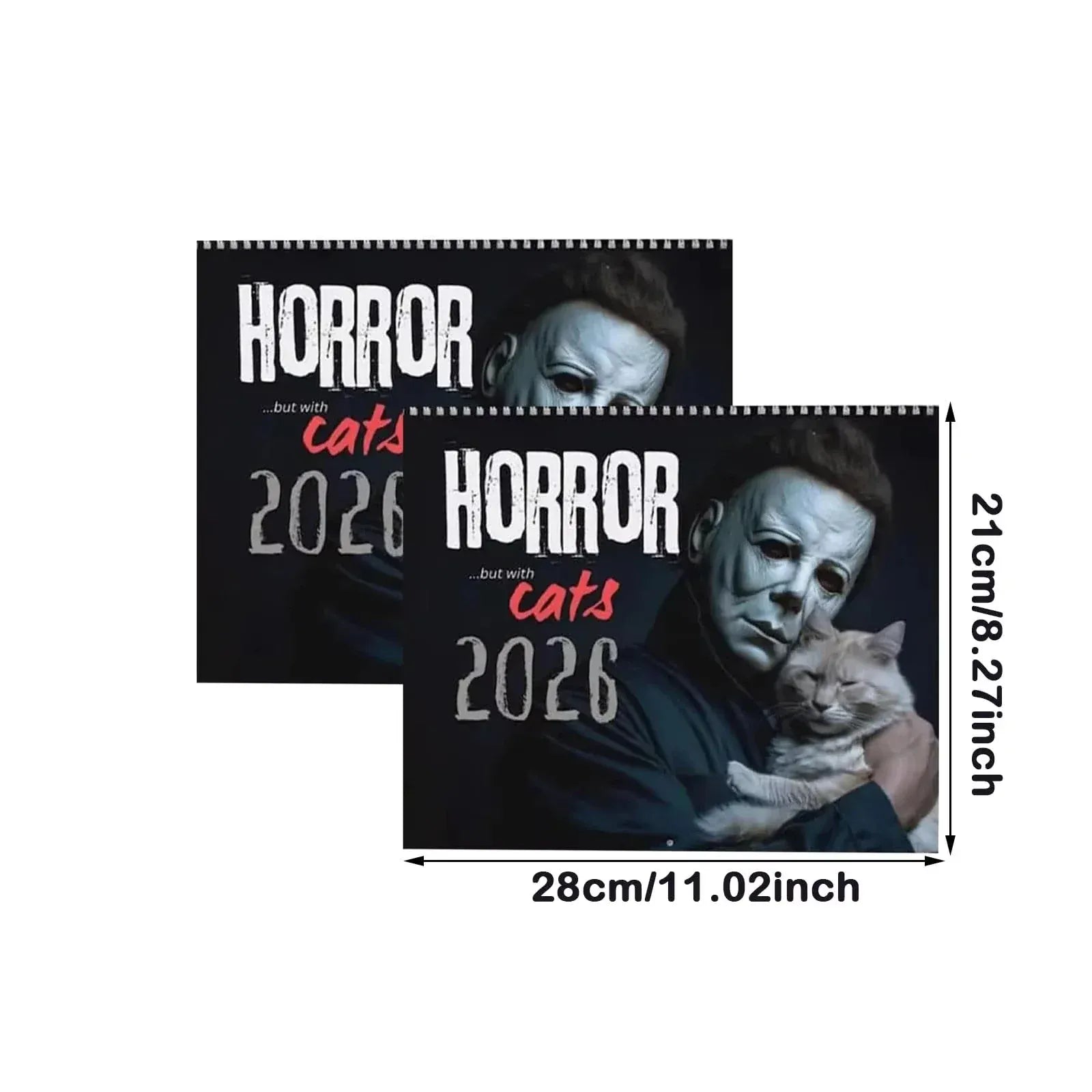 Horror-themed calendar with a cat and Michael Myers mask, showing dimensions on a white background.