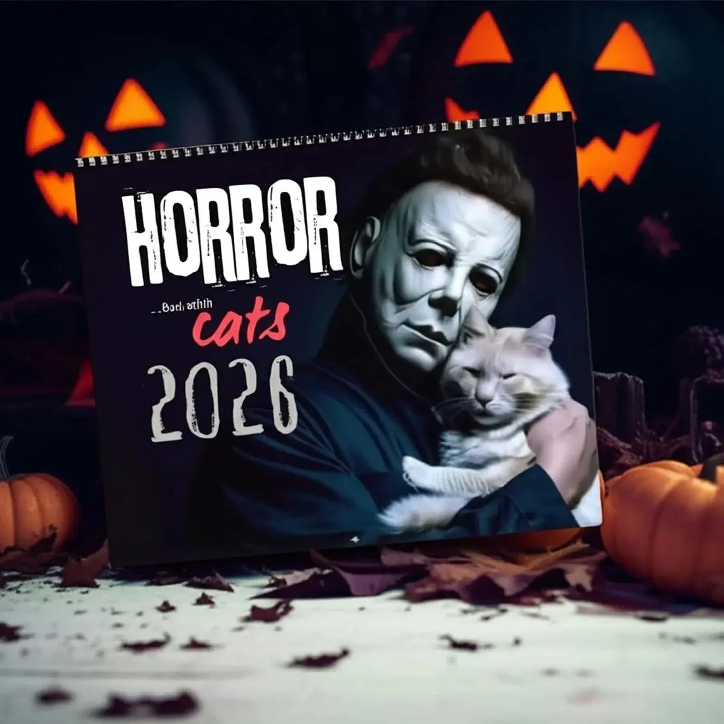 Calendar with a horror-themed design featuring a person in a mask holding a cat, surrounded by Halloween decorations.