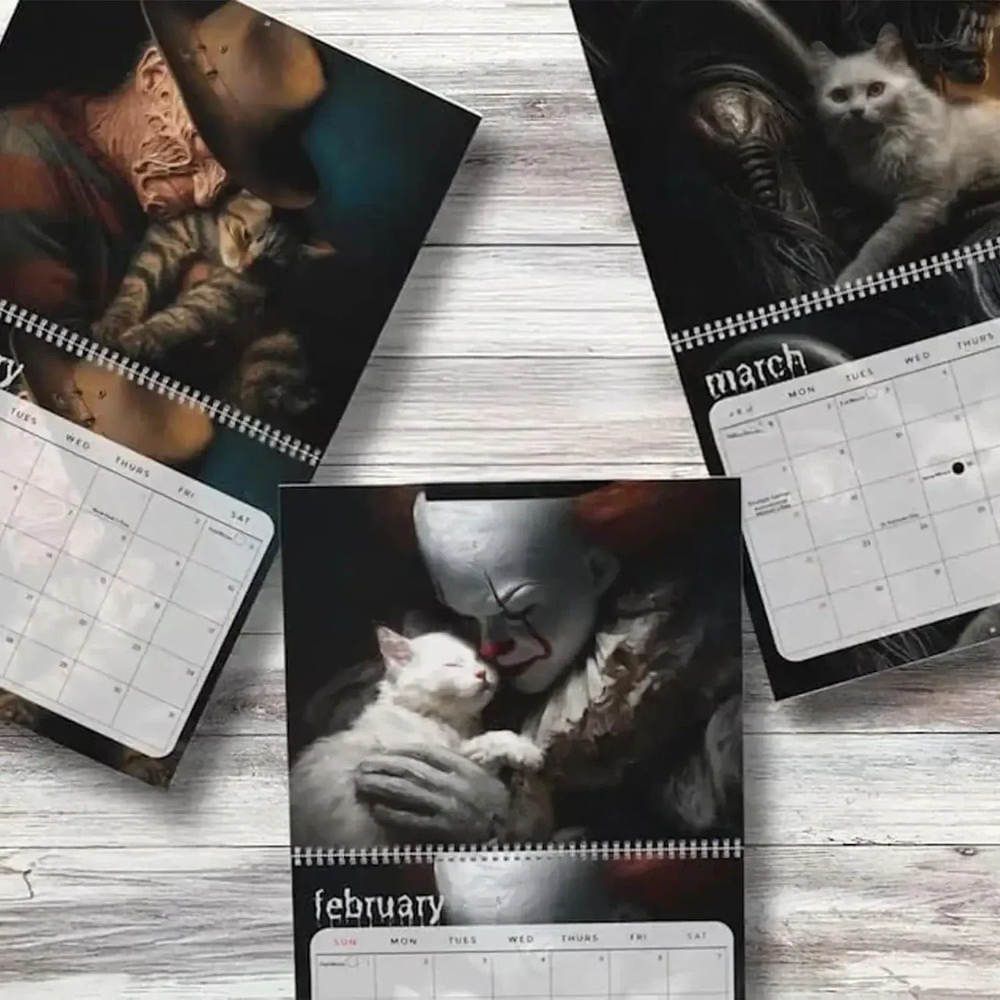 Three calendar pages showing different images of a clown and a cat on a wooden surface.