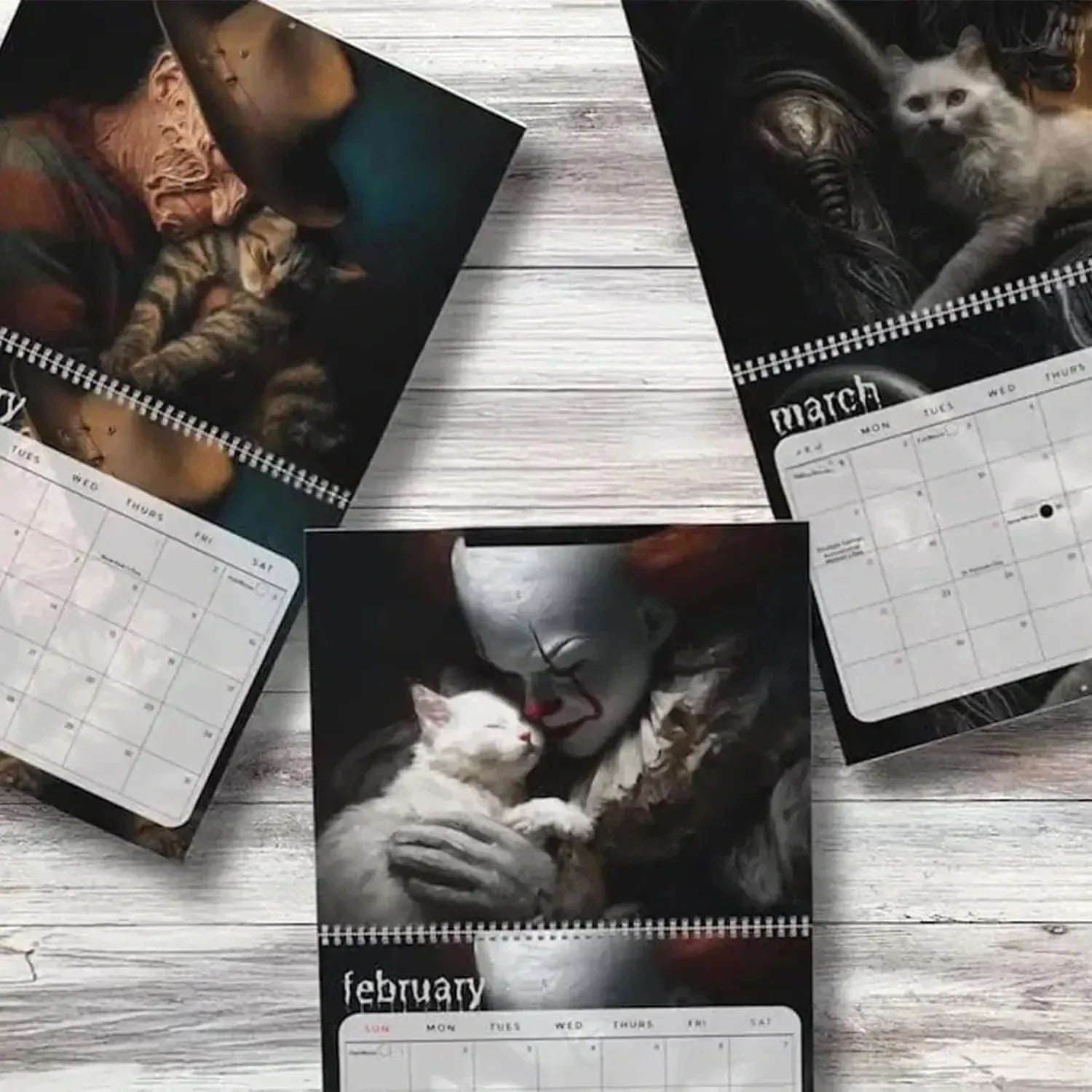 Three calendar pages showing different images of a clown and a cat on a wooden surface.