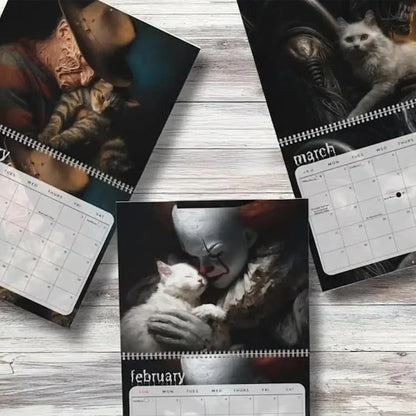 Three calendar pages showing different images of a clown and a cat on a wooden surface.