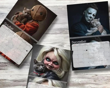 Three Halloween-themed calendars showing October, November, and December on a wooden surface.