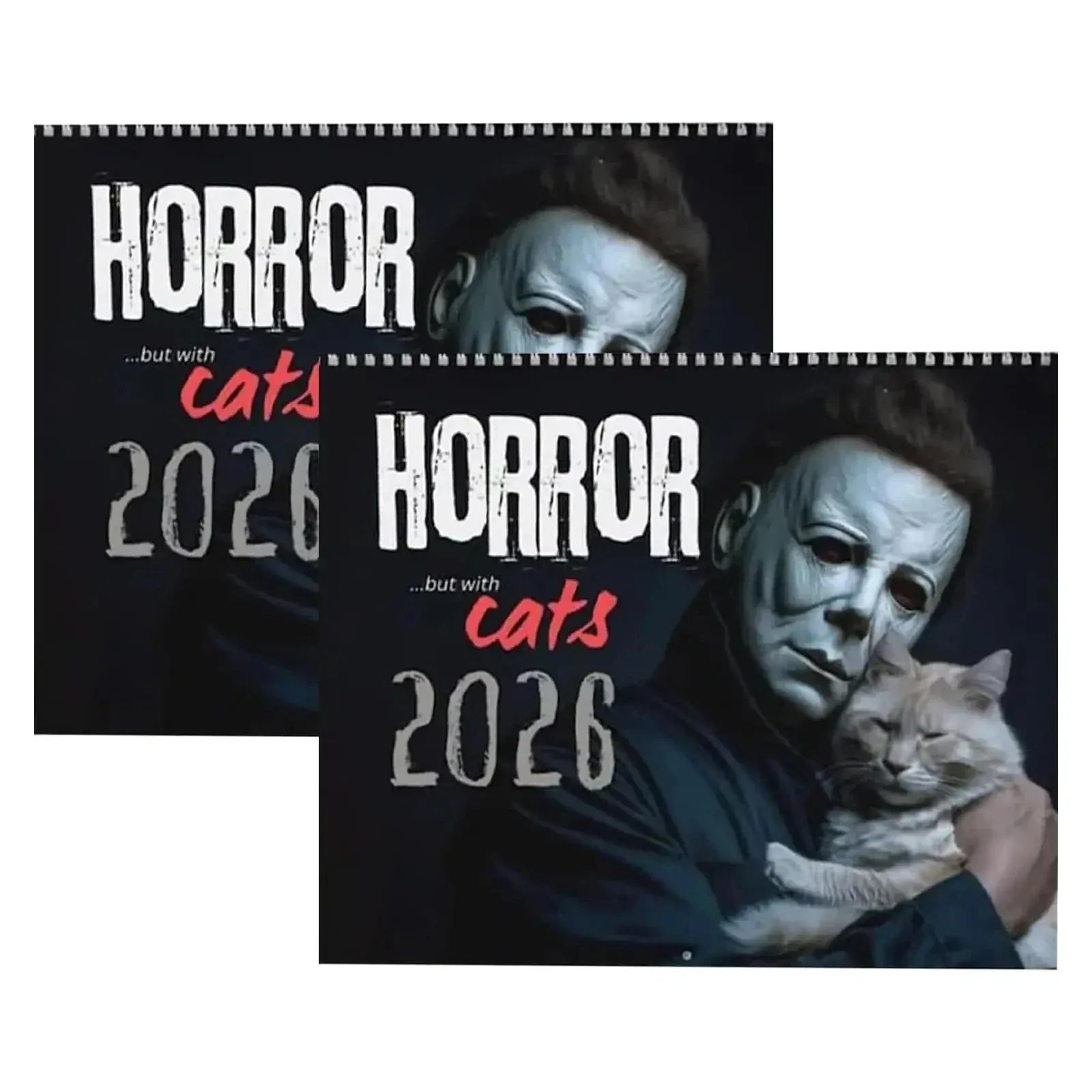 Horror-themed calendar with a character holding a cat, featuring the text 'Horror... but with cats 2026'.