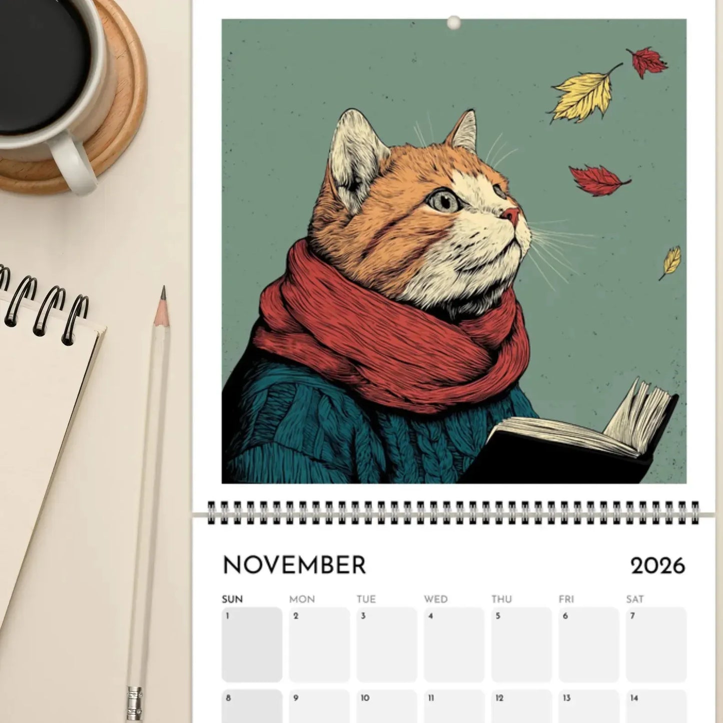 Calendar for November 2026 with a cat illustration wearing a scarf and reading a book, next to a cup of coffee and notebook.